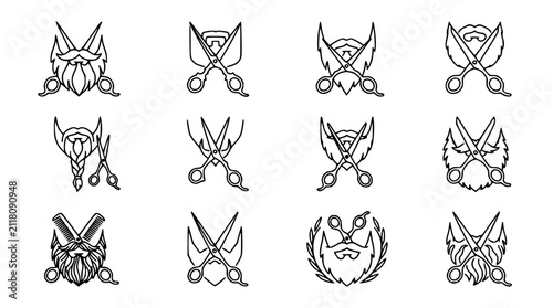 Fotografía Beard and Scissors Icons Set: Vintage Style Barber Tools & Grooming Elements