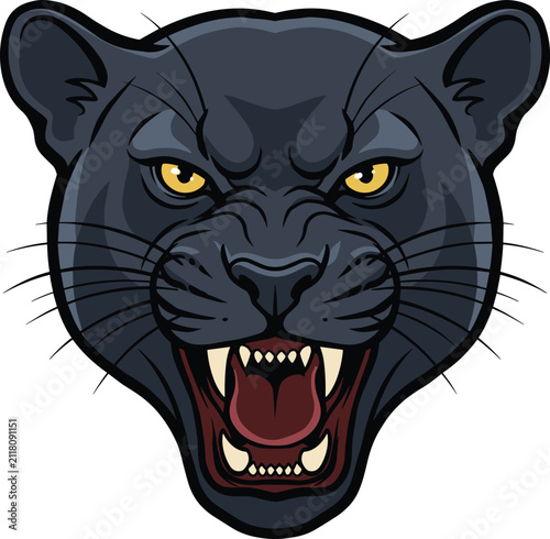 Fierce Black Panther Head Roaring Fiercely Aggressive Predator