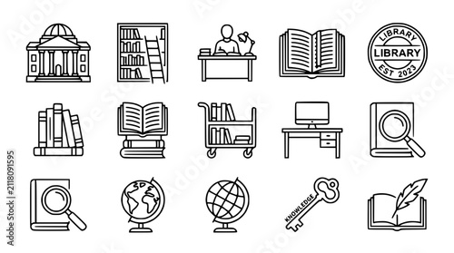 Library Icon Set: Books, Globes, Magnifying Glass, Desk, Key, Building