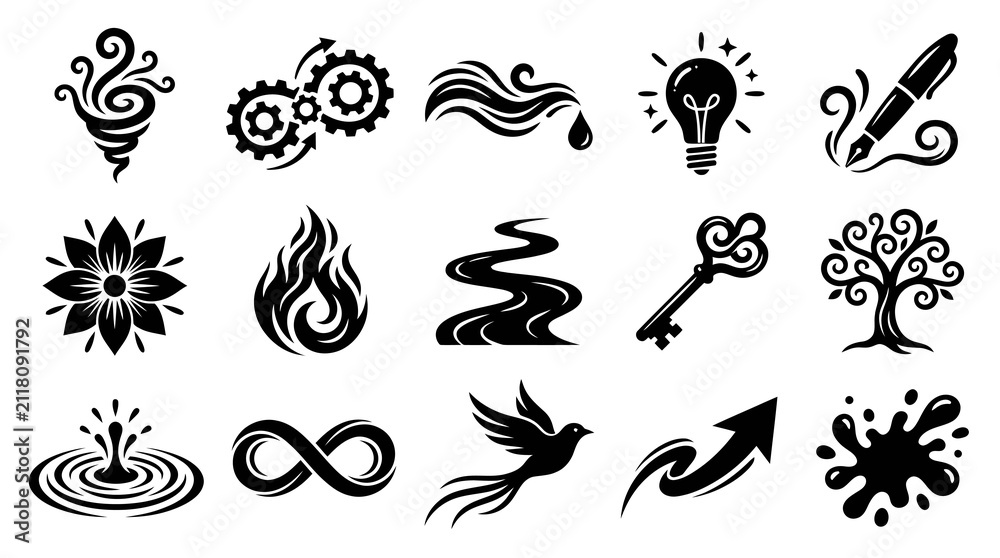 Fototapeta premium Black and White Glyph Vector Icons Set: Abstract Concepts, Nature Elements, and Business Symbols Collection