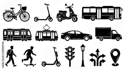 Urban Transportation Glyph Icons Set - City Vehicles, Public Transit, People, and Street Elements Black Vector