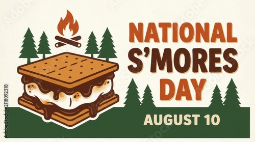 National S'mores Day illustration with campfire and trees