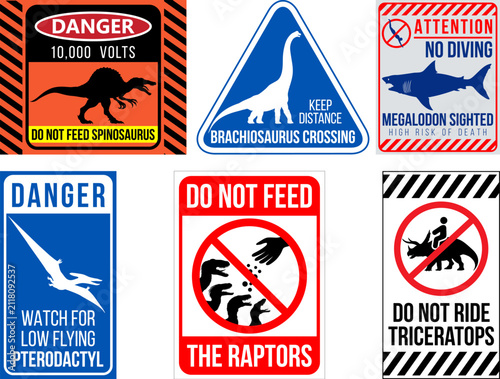 Funny Dinosaur Warning Signs Set, Prehistoric Danger Signs, Jurassic Park Style Vector Warning Labels, Megalodon, Pterodactyl, Velociraptor