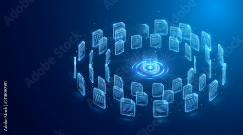 Naklejka Centralized document management system concept showing digital files connected to a glowing blue data processing hub