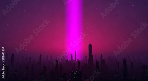 Vibrant pink beam of light shines upwards from a silhouetted city skyline at dusk.