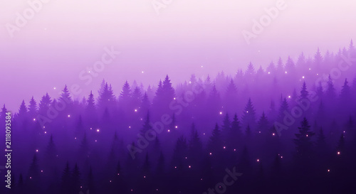 Mystical purple forest landscape with glowing particles at dawn.