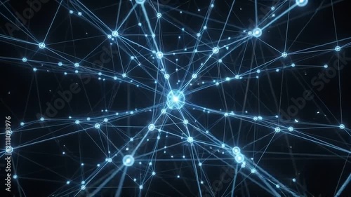 Abstract Digital Plexus Network Connecting Glowing Nodes and Lines on Black Background, 3D Motion Graphics