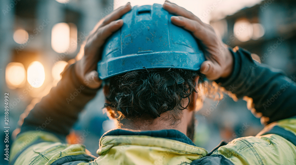 Obraz premium Construction Worker Adjusting Hard Hat: A weary construction worker in a yellow high-visibility vest adjusts his blue hard hat, bathed in the golden light of a setting sun at a construction site.