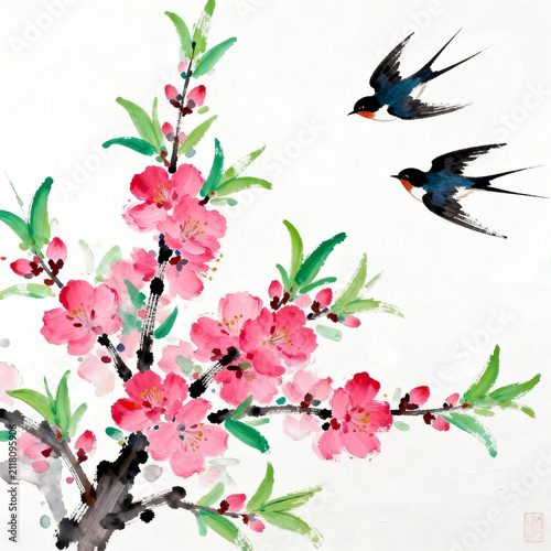 Chinese Freehand Ink Painting Peach Blossom and Swallow