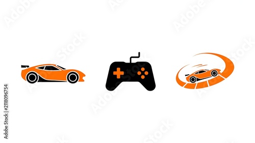 Set of Minimalist Icons Featuring Sports Car Profiles and Gaming Controller Symbols for Digital Entertainment Graphics
