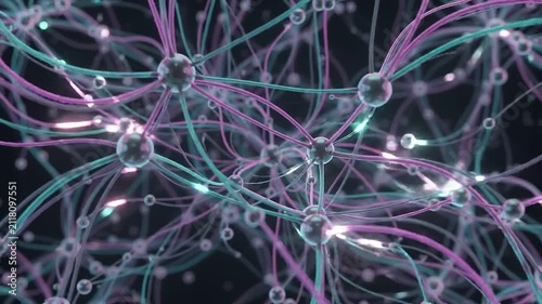 Abstract Neural Network with Glowing Pulses of Light Connecting Synapses on Dark Background, 3D Render