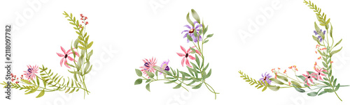 Delicate Floral Corner Arrangements in Three Clusters on Transparent Background