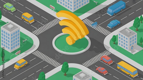 Isometric City Intersection With Central Wi-Fi Signal Concept Representing Smart Urban Connectivity And Digital Infrastructure