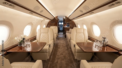 Luxurious private jet interior with comfortable seating, polished wood accents, and elegant table settings, offering an exclusive travel experience.