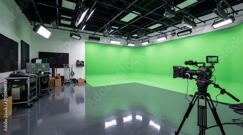 Professional film studio with green screen backdrop, professional cinema camera on tripod, lighting equipment and editing station ready for production