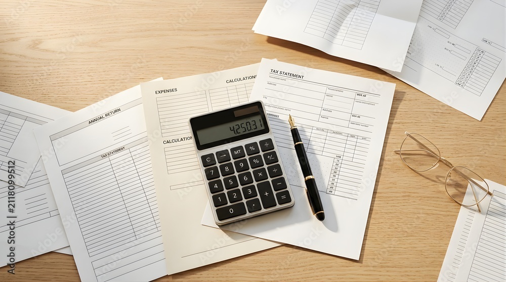 Obraz premium Calculator, pen, and tax documents on a wooden office desk for finance