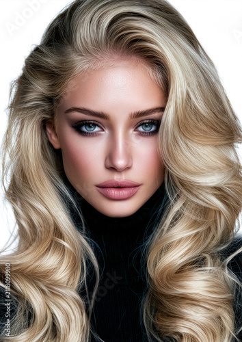 In a breathtaking close-up, a young woman with voluminous blonde hair and striking blue eyes gazes directly at the viewer. Her flawless skin and soft features evoke warmth and allure, embodying grace.