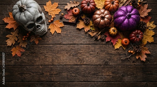 A festive autumnal still life featuring a skull pumpkin and decorative gourds on rustic dark wood planks
