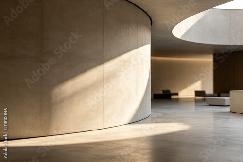 Minimalist Contemporary Architectural Interior with Soft Natural Sunlight and Curving Concrete Walls