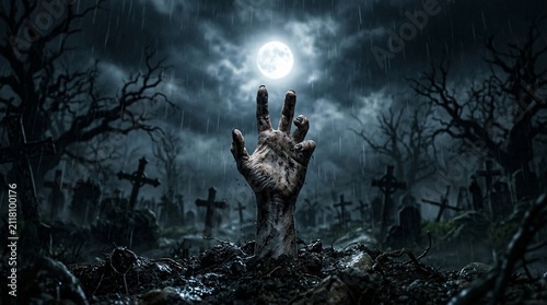 A decayed zombie hand emerges from the muddy earth beneath a full moon in a desolate graveyard