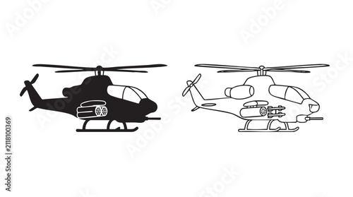 Cuadro en lienzo helicopter gunship black silhouette and outline art vector icon