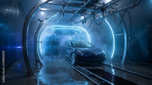 Futuristic car undergoing automated cleaning in a neon lit tunnel car wash with glowing blue rings and spray, modern vehicle maintenance.