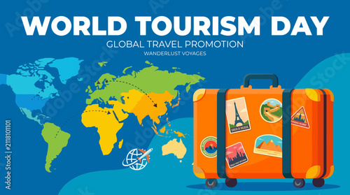 Suitcase and world map for global tourism day promotion.