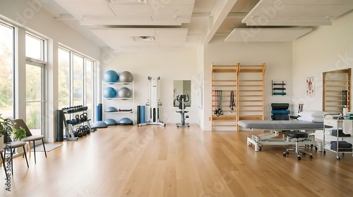 Bright modern rehabilitation clinic interior with exercise equipment including therapy balls, weights, and massage table for physical recovery and wellness.
