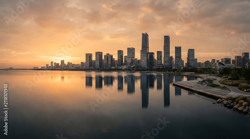 Modern cityscape skyline at sunrise with calm water reflecting the buildings and warm orange sky creating a serene urban waterfront atmosphere.