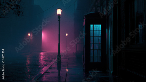 Red telephone box on narrow street at night during heavy fog. Vintage city alleyway with glowing street lamp and mysterious atmosphere. Retro urban scenery for dark cinematic mood.