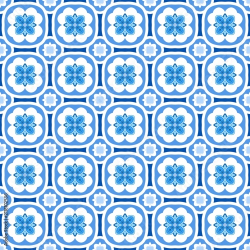 seamless pattern with blue flowers,Blue ceramic tile seamless pattern vector with ornate batik floral ornaments, Portuguese style blue and white decorative background for fabric, packaging, and home d