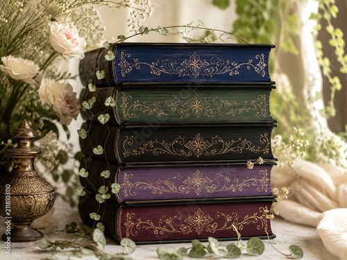 Pila de libros de fantasía romántica, decorados con plantas.