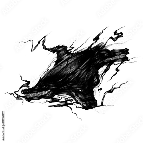 THREE-HEADED CERBERUS HELLHOUND INSIDE A SHADOW HURRICANE TATTOO DESIGN. MYTHOLOGICAL DARK ART MONSTER DOG IN A TORNADO WHIRLWIND SKETCH ILLUSTRATION