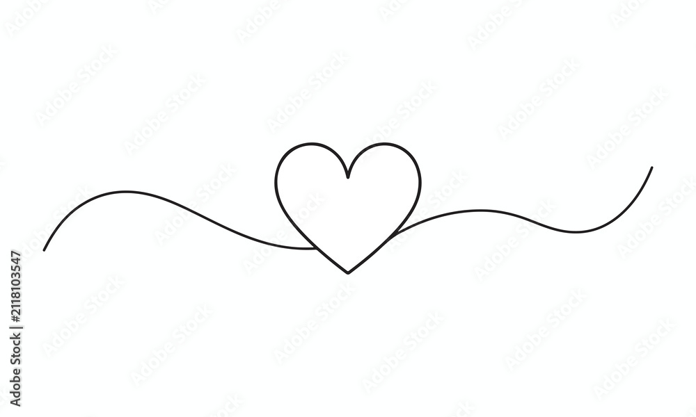 Fototapeta premium Minimalist black line art illustration of a simple heart shape with a decorative flowing wavy line