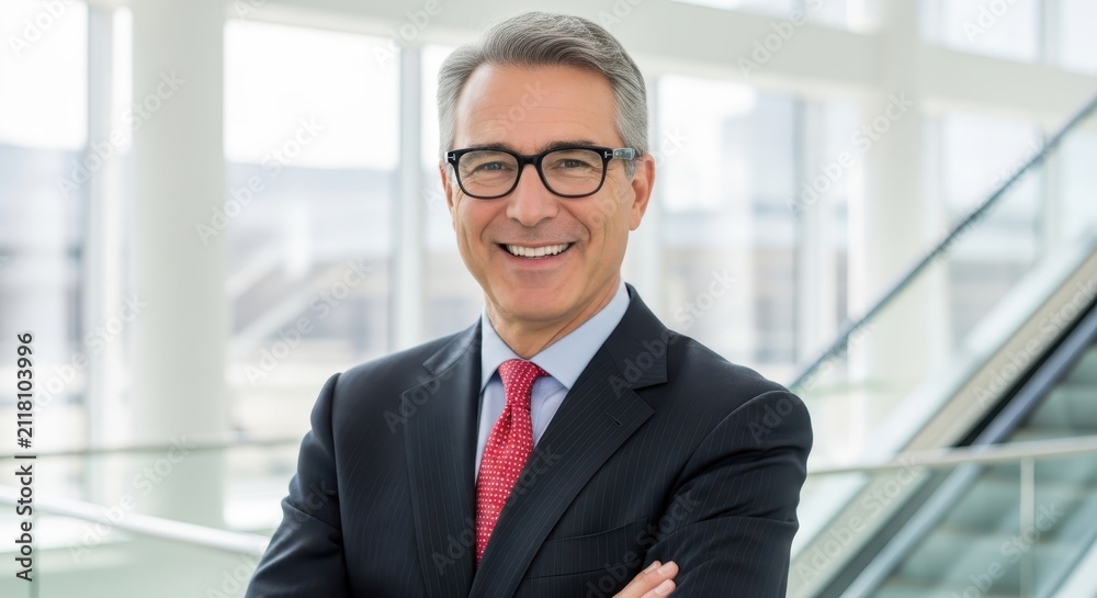 Obraz premium Confident Mature Businessman in Suit and Glasses Smiling in Modern Office Building Corporate Portrait