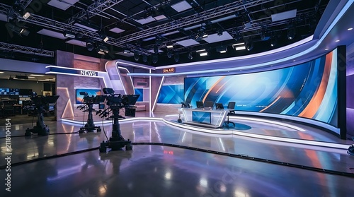 Modern television studio with large curved LED screen displaying abstract graphics, broadcast cameras, and news desk, ready for live production.