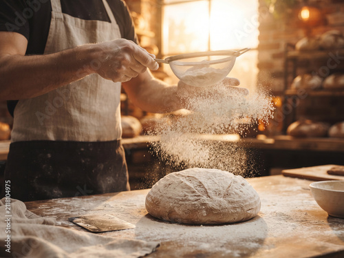 Professional baker dusting white flour over fresh dough in a warm rustic bakery kitchen