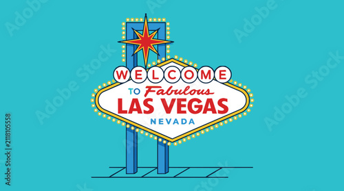 Iconic welcome to fabulous Las Vegas Nevada sign illustration on a vibrant turquoise background for travel promotion