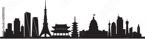 Black silhouette cityscape skyline featuring iconic global landmarks and modern skyscrapers for urban travel design