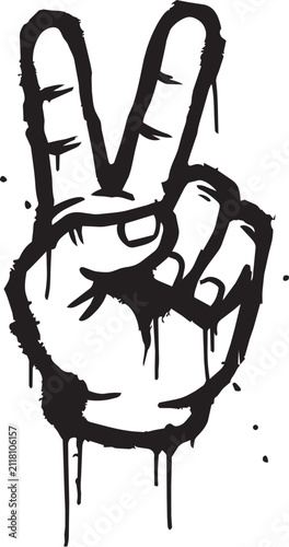 Black and white graffiti style hand making a peace sign gesture, urban street art illustration with paint drip effect