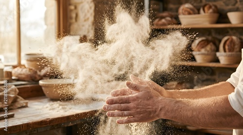 Baker claps hands together to release a cloud of white flour in the workspace.