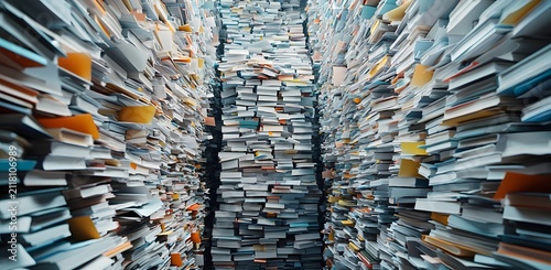 Blurred office with stacked documents and files, shallow depth, focused foreground clutter.

