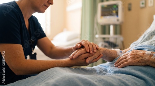 Gentle Touch of Care: A compassionate nurse holds the hand of a patient in a hospital bed, offering comfort and support during a time of recovery.