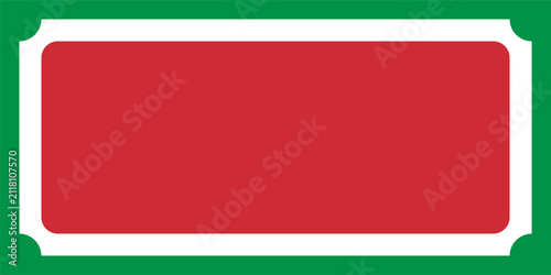 Red ticket frame background with green border and white notched corners for cinema admission event pass discount coupon and Christmas sale voucher template