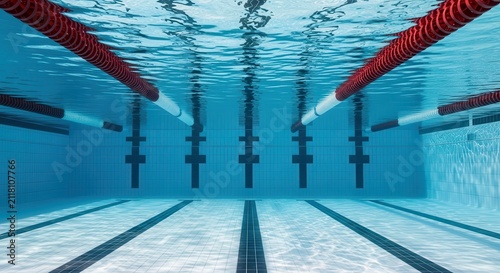 Underwater View of Empty Professional Swimming Pool with Lane Markers and Clear Blue Water for Competition Training