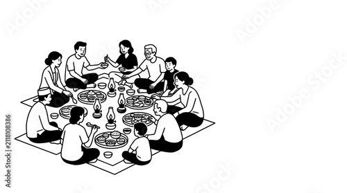 Family Gathered for Traditional Communal Meal Line Art Illustration