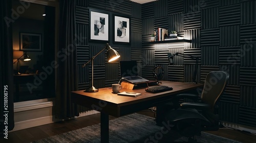 Cozy home office setup with acoustic panels, desk, laptop, lamp, and books creating a professional and productive workspace at night