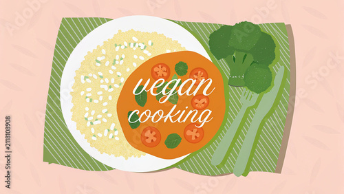 Vegan Cooking Flat Illustration with Healthy Vegetable Bowl on Pink Background