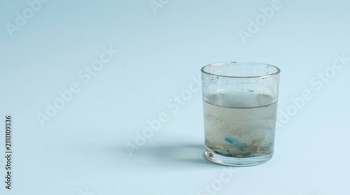 Dirty Contaminated Water in a Clear Glass Over a Light Blue Background Studio Shot