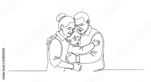 Happy Family Hug: Grandparents Embrace Child in Continuous Line Art Style